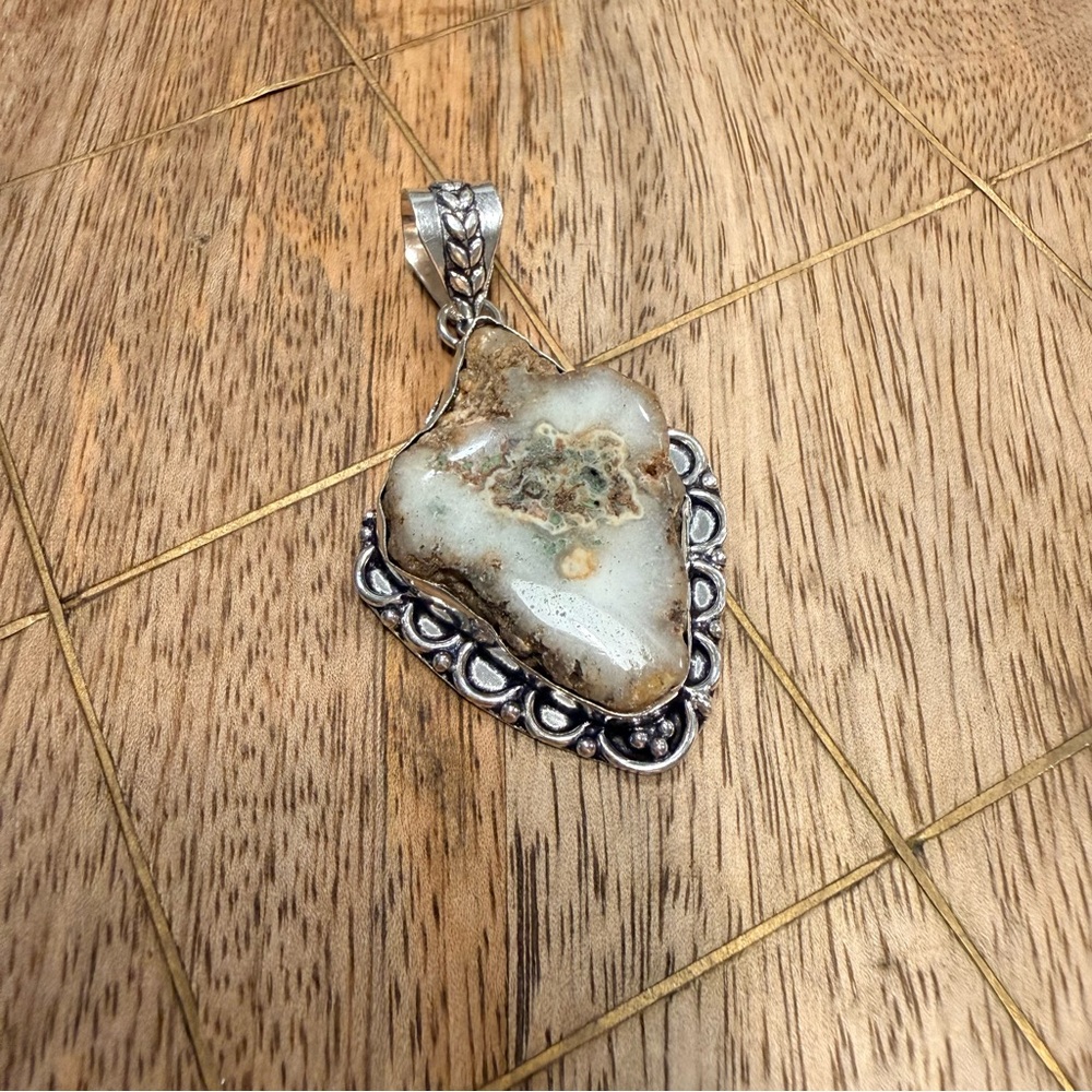 925 Plated Natural Ocean‎ Jasper Stone Pendant